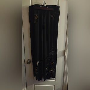 Johnny Was Calme Silk Embroidered Wide Leg Pants Black Celestial Floral M